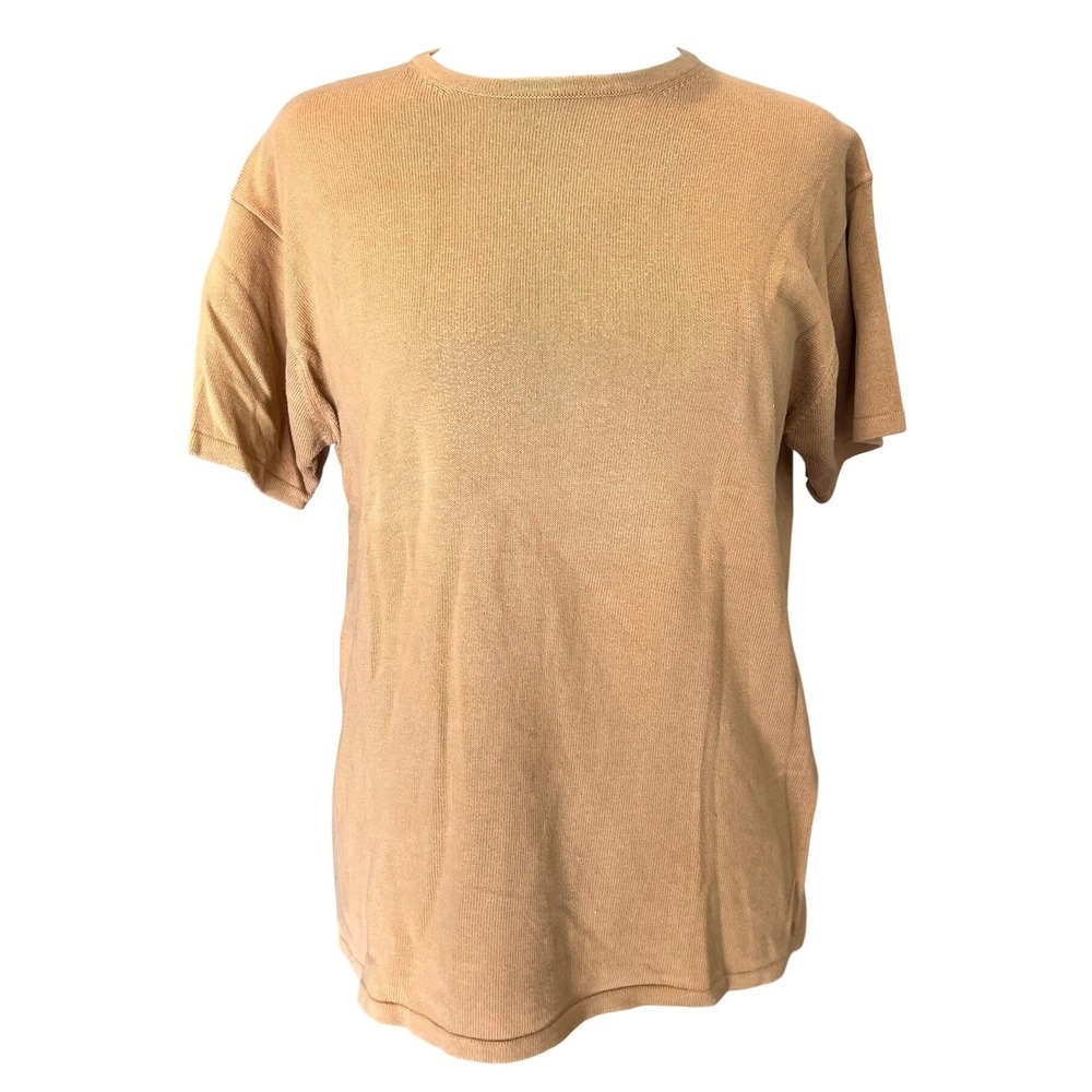 Armani Collezioni Knit Top Women M Tan Camel Short Sleeve Cotton Sweater Vintage